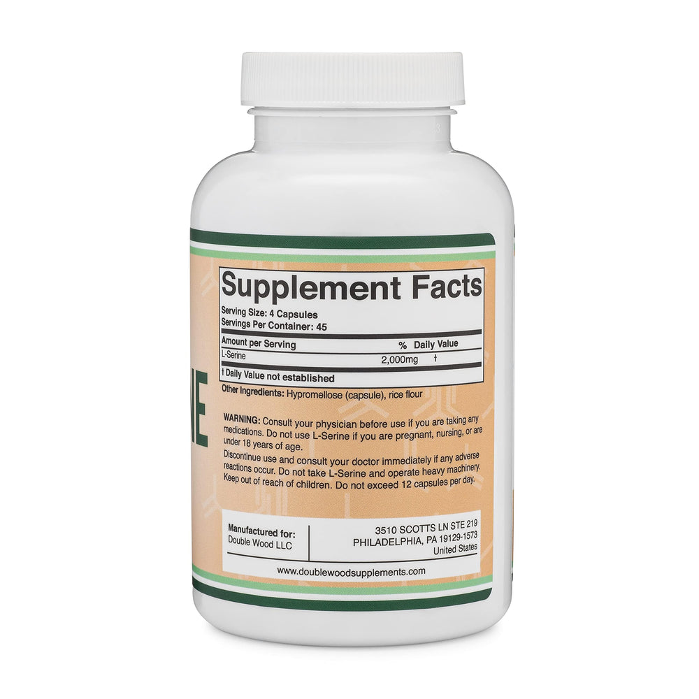 Double Wood L-Serine capsules closeup highlights capsule texture and purity