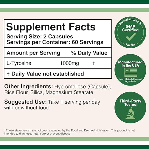 L-Tyrosine bottle label close-up showing 1,000 mg serving