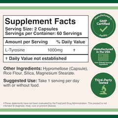 L-Tyrosine bottle label close-up showing 1,000 mg serving