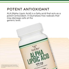 Double Wood Alpha Lipoic Acid label detail highlighting gluten-free and vegan-safe features.