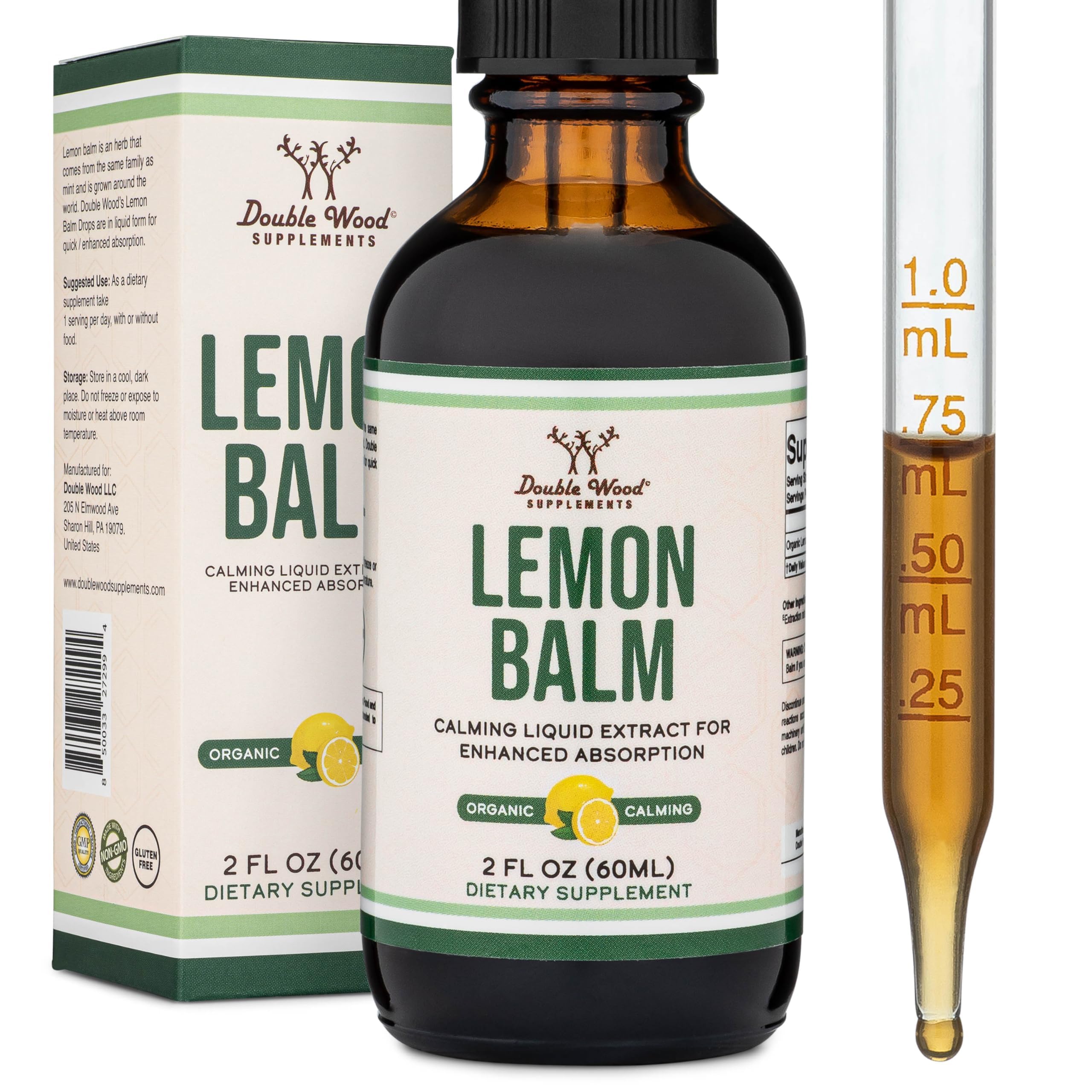 Double Wood Supplements Lemon Balm tincture bottle promotes calm and digestion.