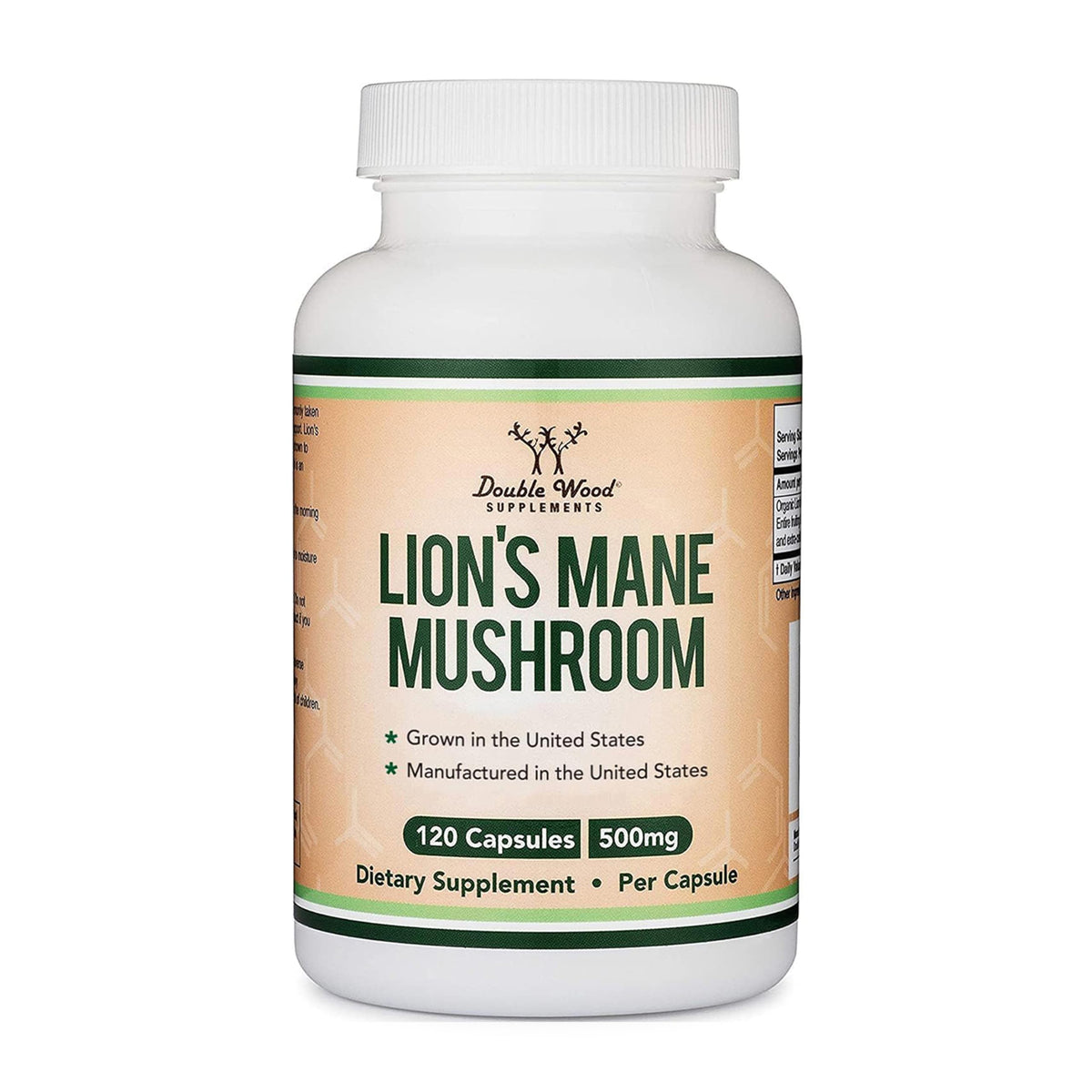 Double Wood Lions Mane bottle front highlighting focus support potential.