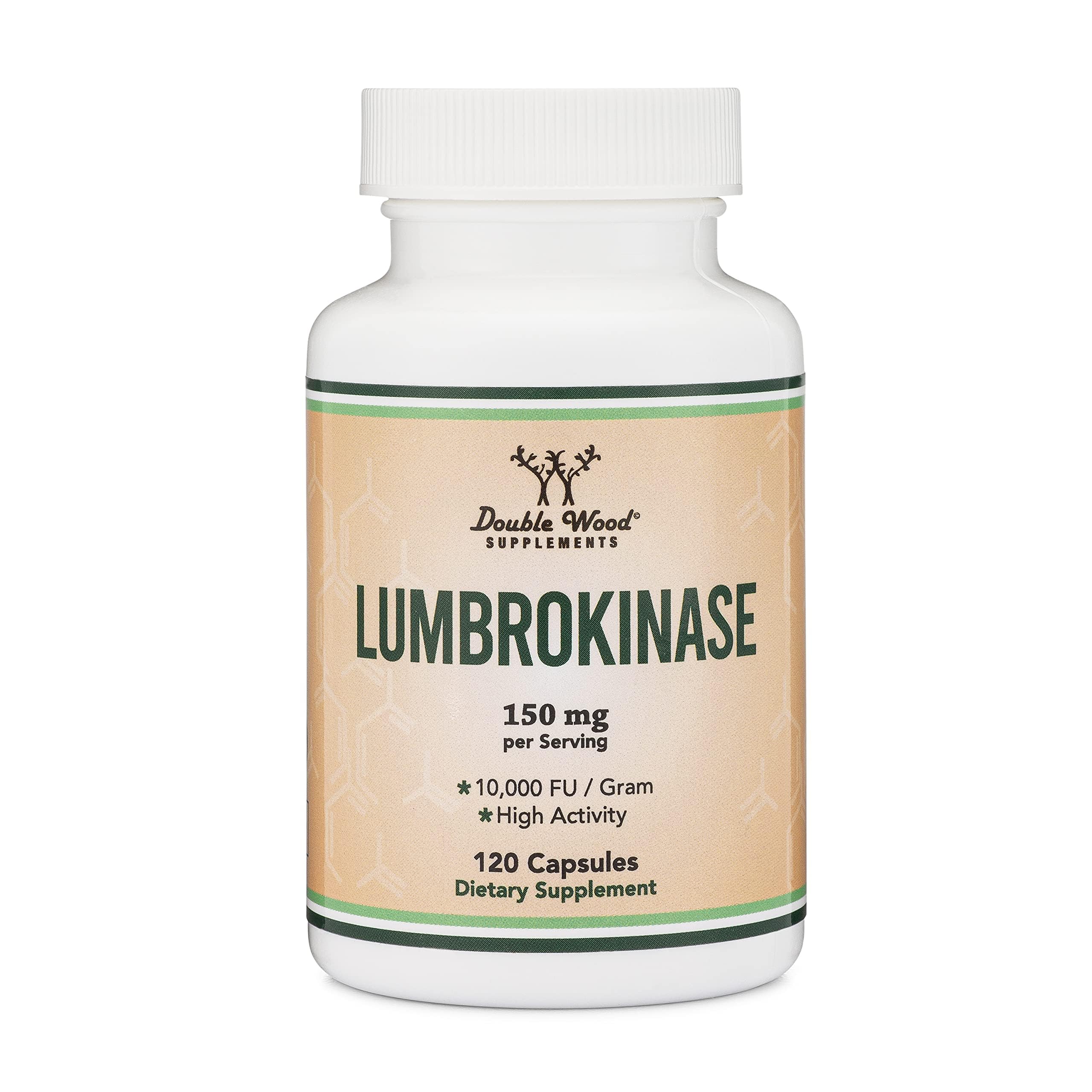 Double Wood Lumbrokinase packaging box emphasizing gluten-free, non-GMO formula
