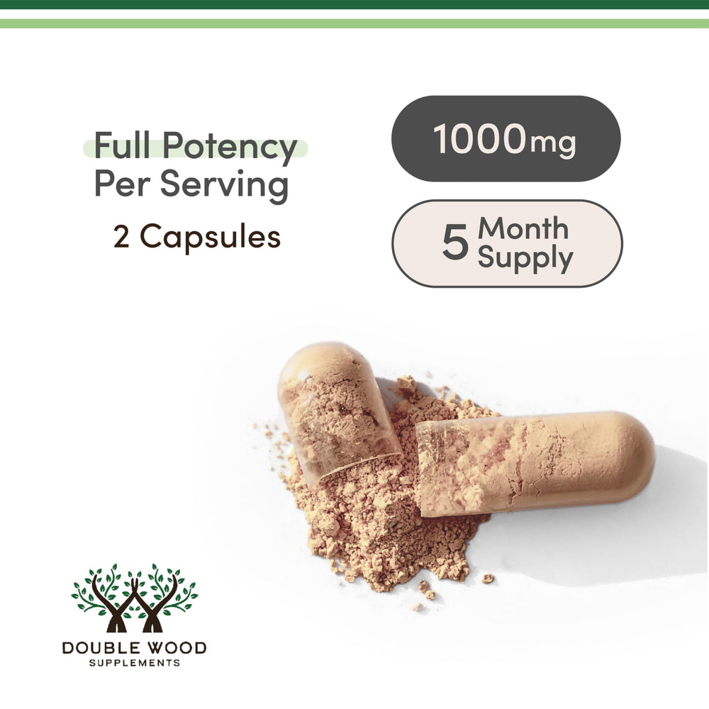 Double Wood Maca Root Capsules pour-out showing daily dose for energy