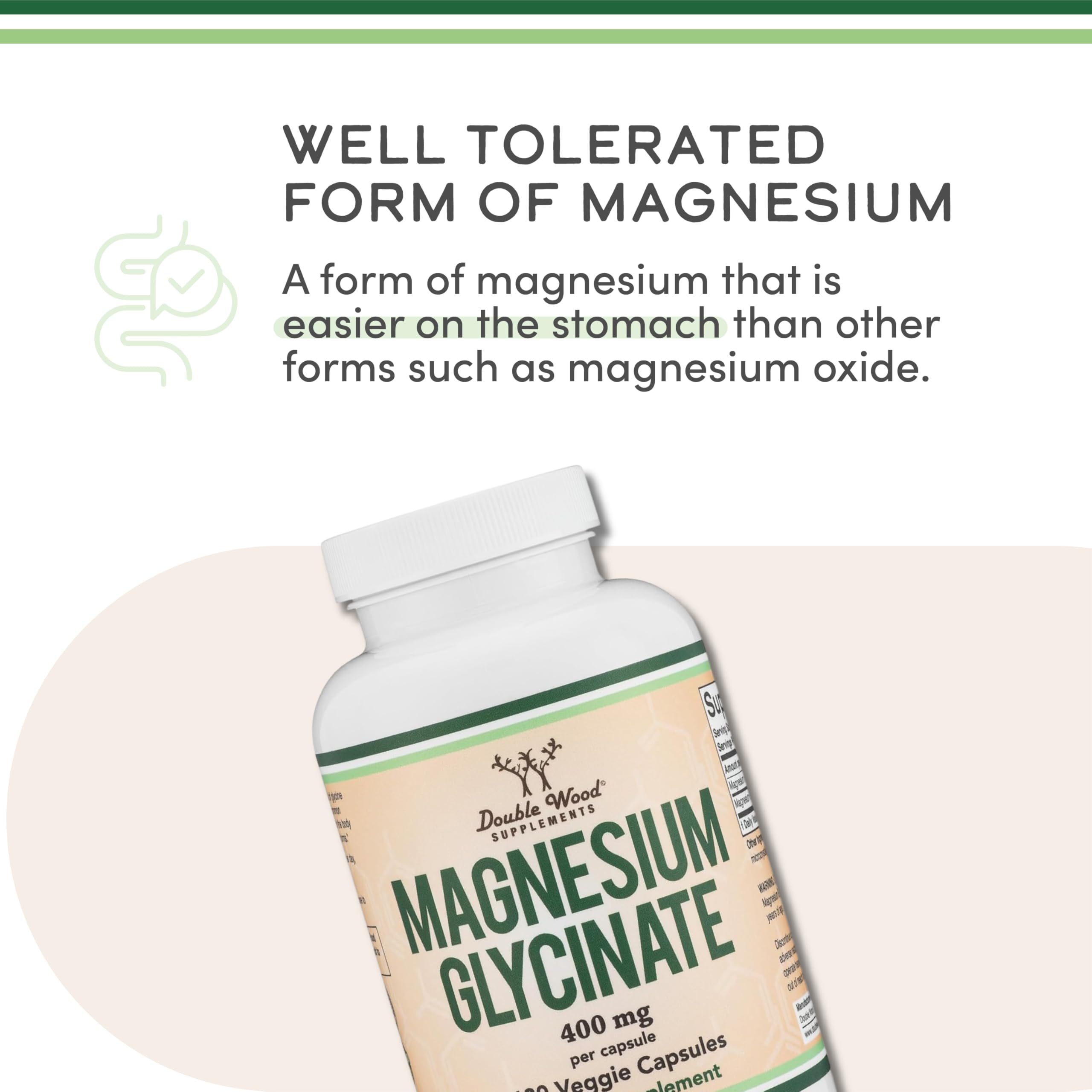 Double Wood Magnesium Glycinate bottle on a wooden surface emphasizes quality