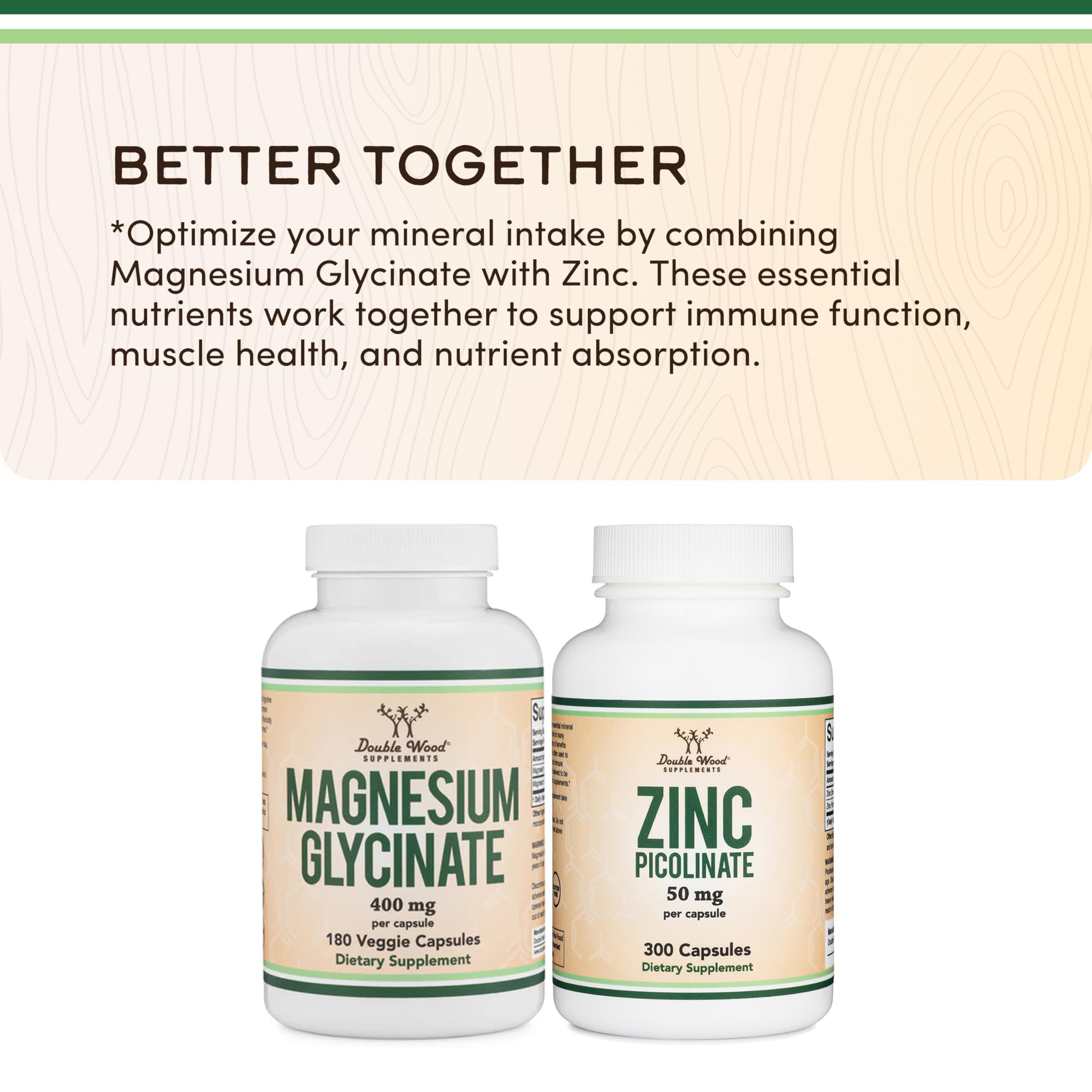 Glass bottle of Double Wood Magnesium Glycinate conveys clean vegan-friendly supplement