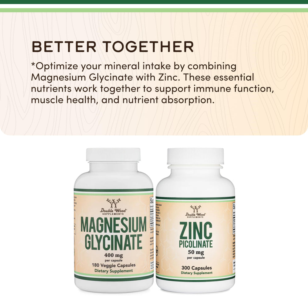 Glass bottle of Double Wood Magnesium Glycinate conveys clean vegan-friendly supplement
