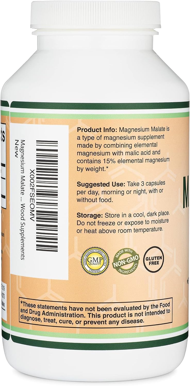 Double Wood Magnesium Malate vegan gluten-free icons on label.