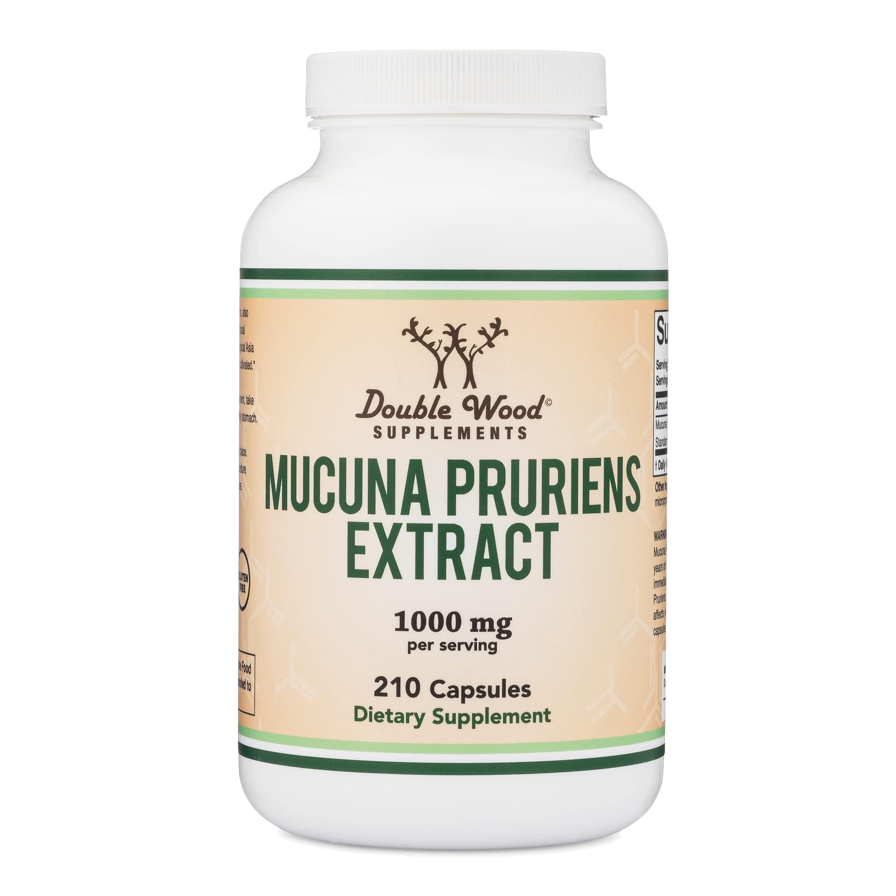 Double Wood Mucuna Pruriens capsules bottle front for easy daily mood support.
