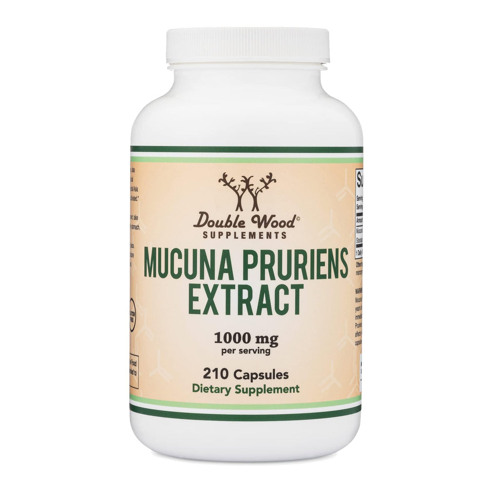 Double Wood Mucuna Pruriens capsules bottle front for easy daily mood support.