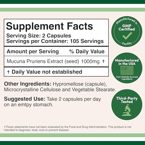 Double Wood Mucuna capsules closeup label with dosage and servings.