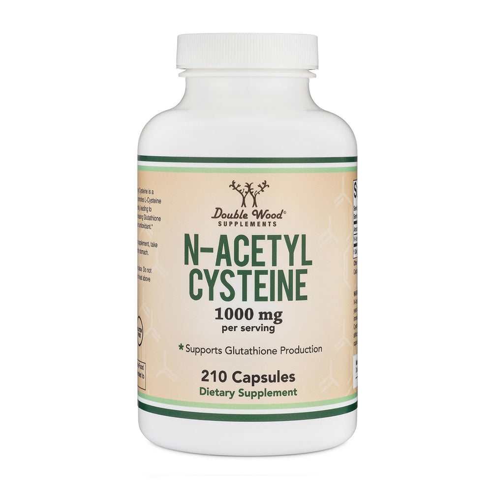Double Wood NAC bottle with capsules highlighting antioxidant support for daily wellness
