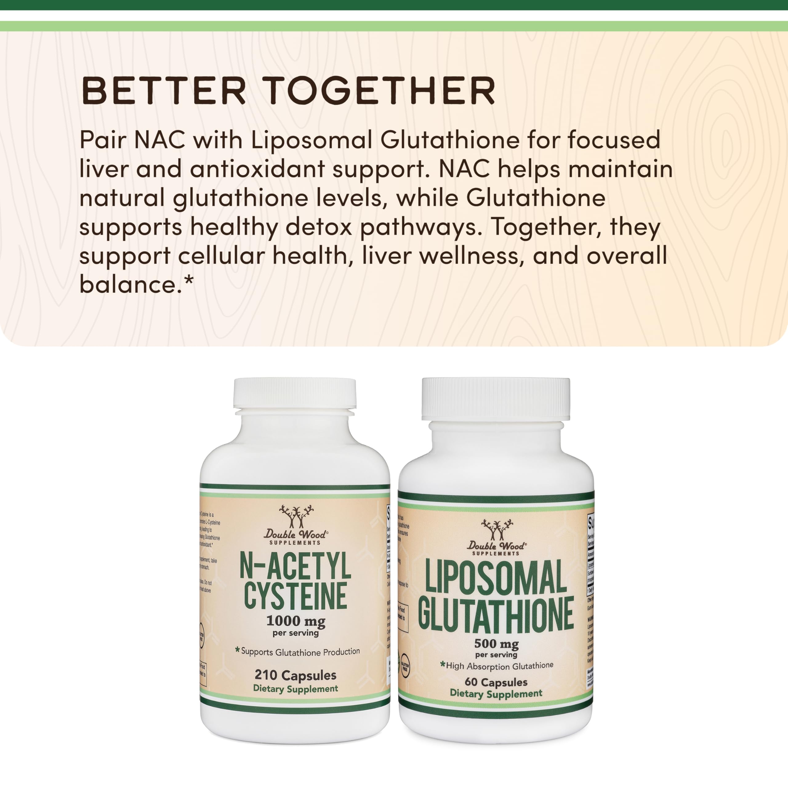 Double Wood NAC packaging illustrates glutathione support benefits