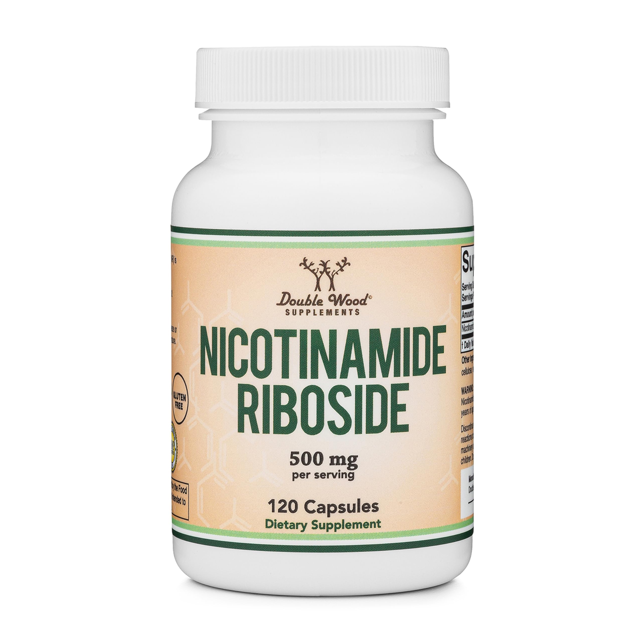 Double Wood Nicotinamide Riboside bottle front, premium NAD supplement for cellular energy.