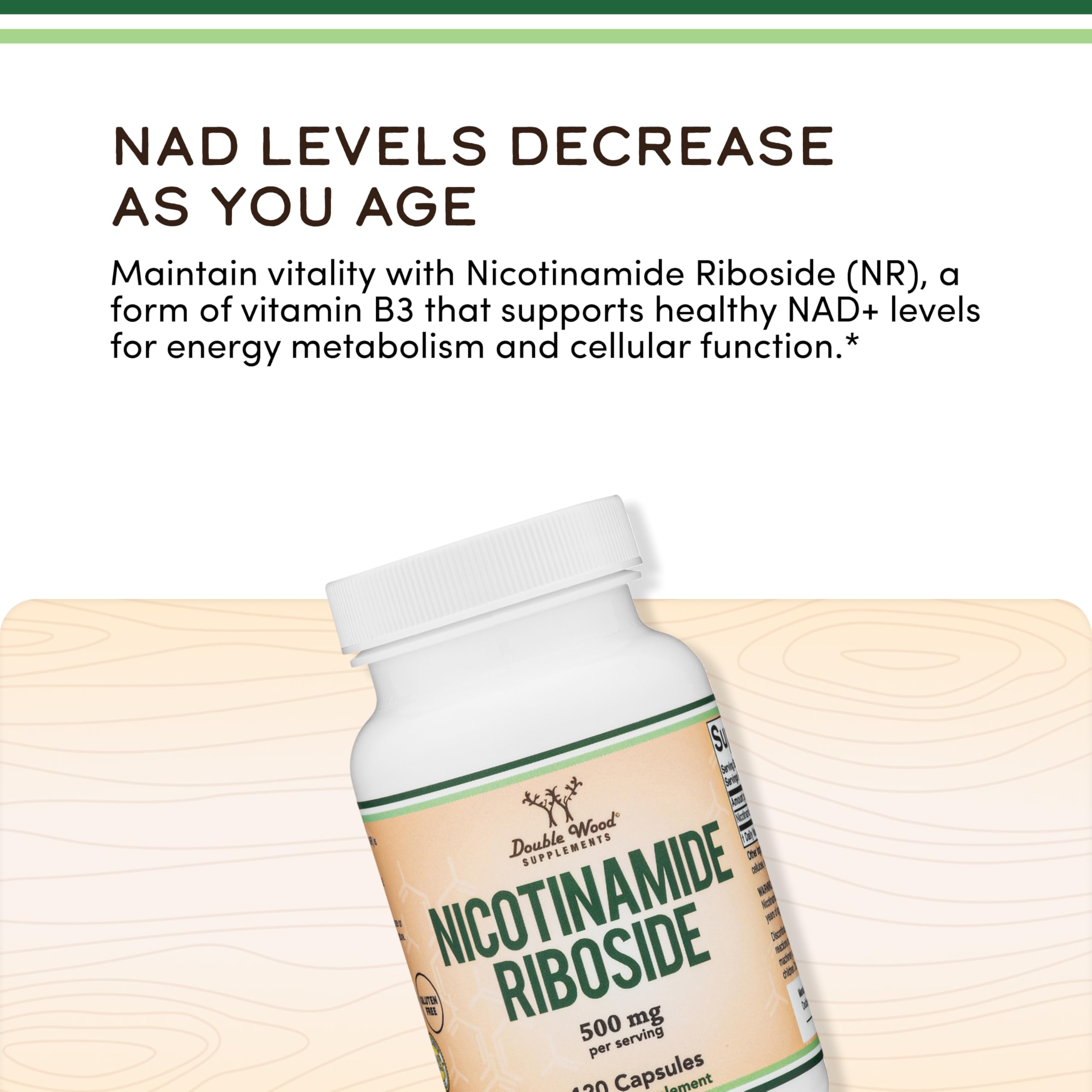 Double Wood NR capsule closeup, small tablets for easy supplementation.