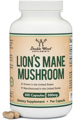 Double Wood Lions Mane capsules bottle on kitchen counter signaling focus support
