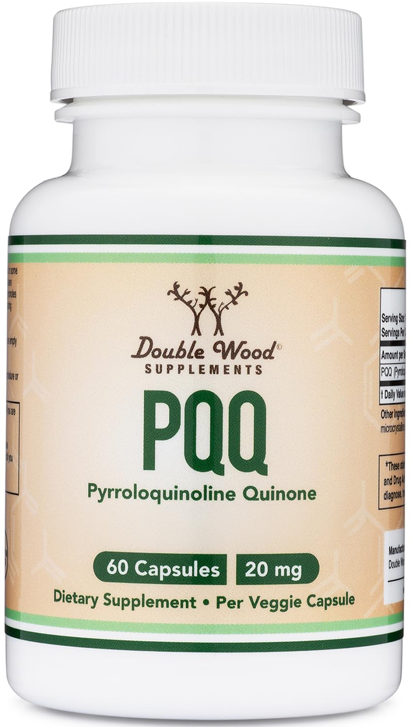 Double Wood PQQ bottle front view promoting mitochondrial energy support