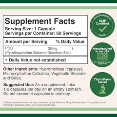 Double Wood PQQ 60 capsules label highlighting energy support and vegan gluten-free formula