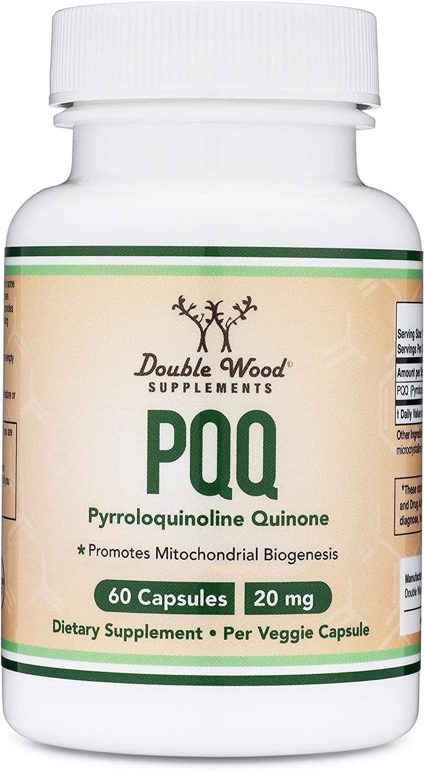 Double Wood PQQ bottle beside glass suggesting simple daily use