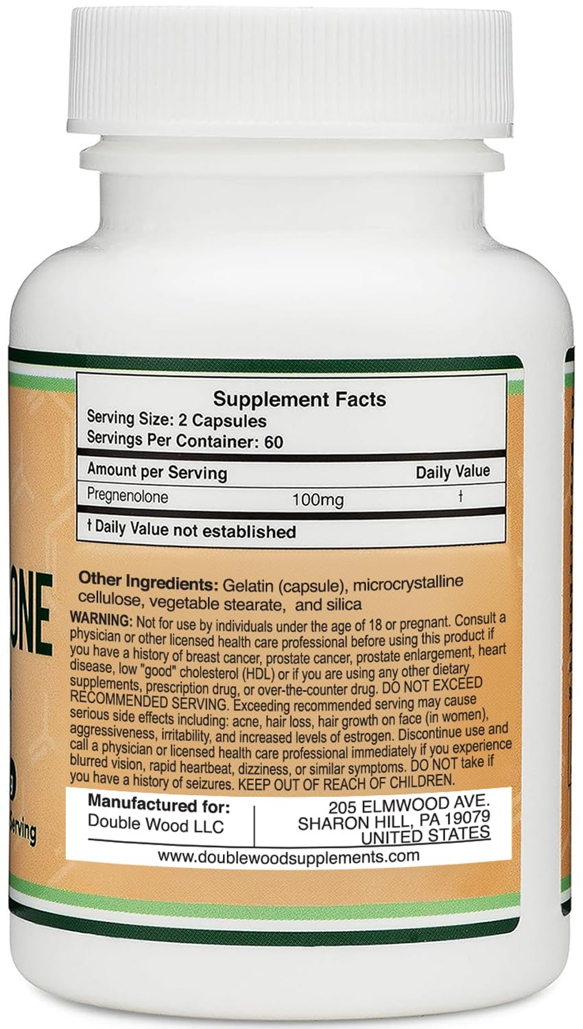 Double Wood Pregnenolone label close-up highlighting dosage.