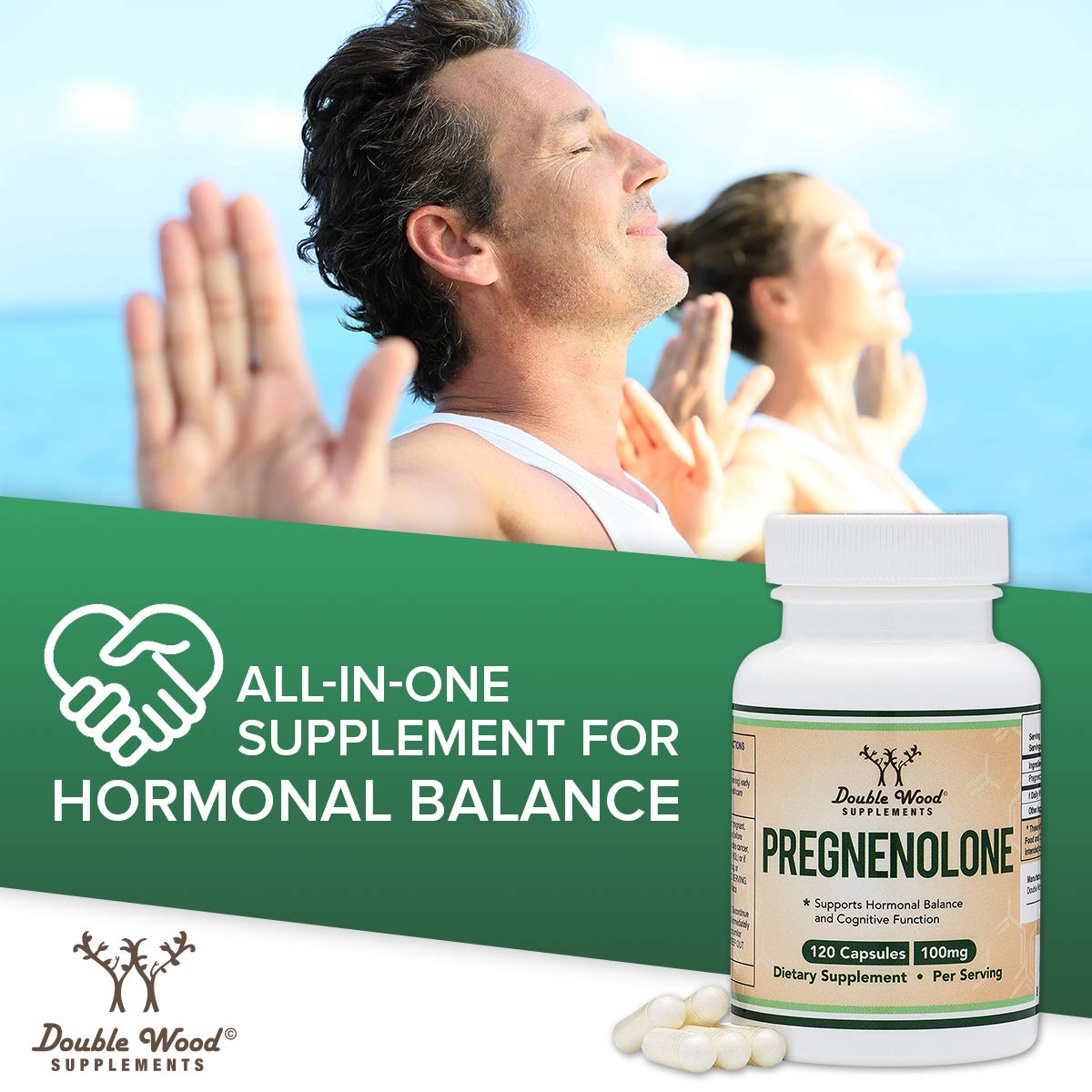 Double Wood Pregnenolone non-GMO gluten-free certification visible.