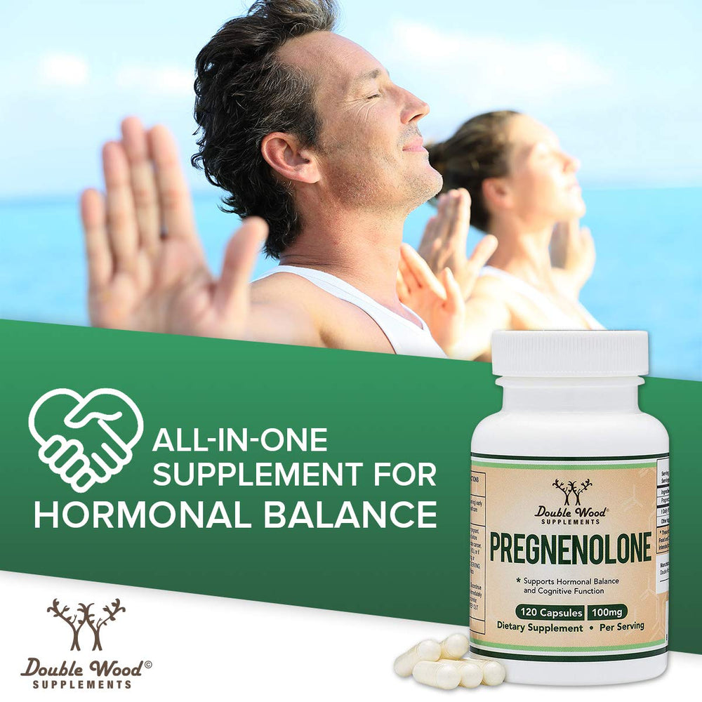 Double Wood Pregnenolone non-GMO gluten-free certification visible.