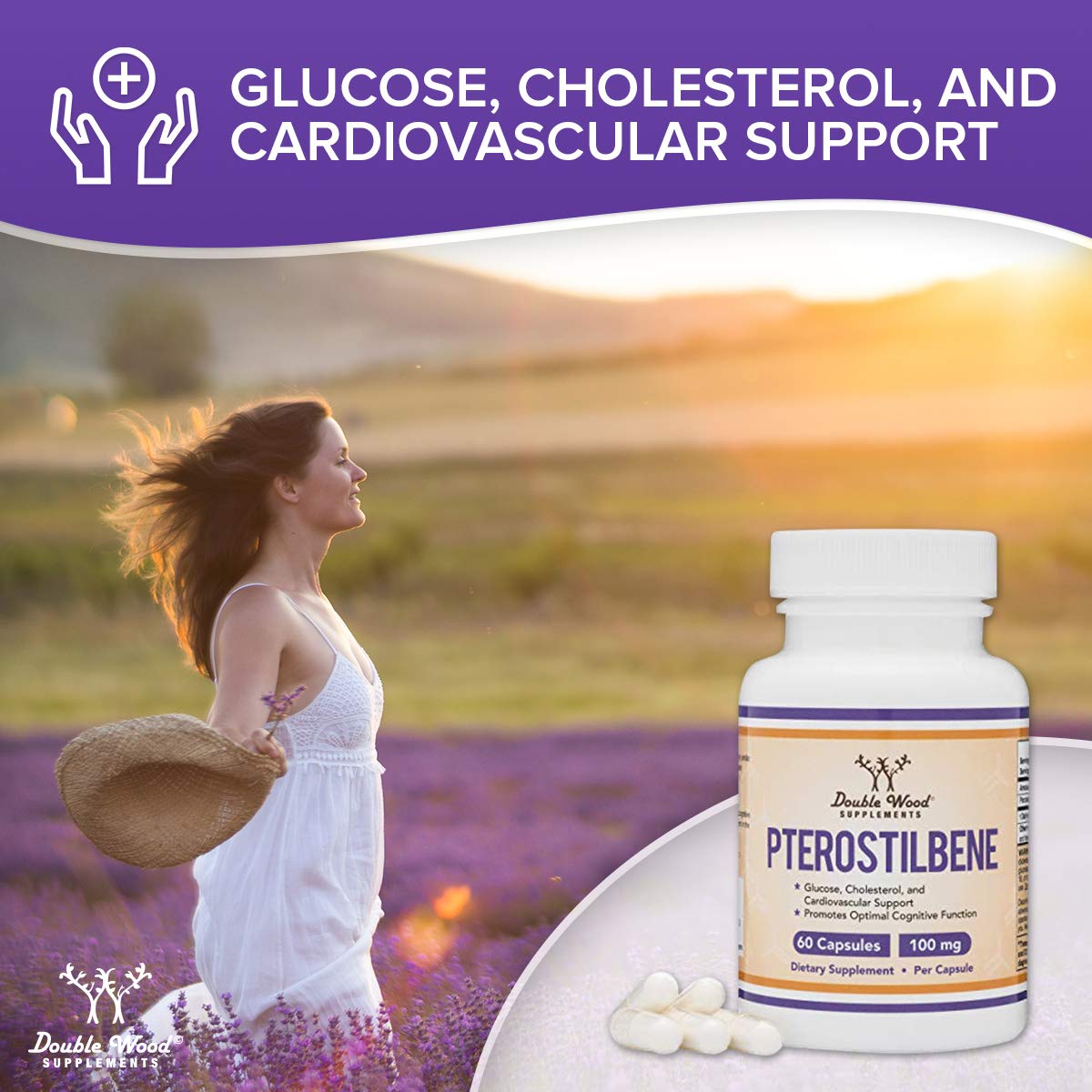 Gluten-free and Non-GMO badge on Double Wood Pterostilbene.