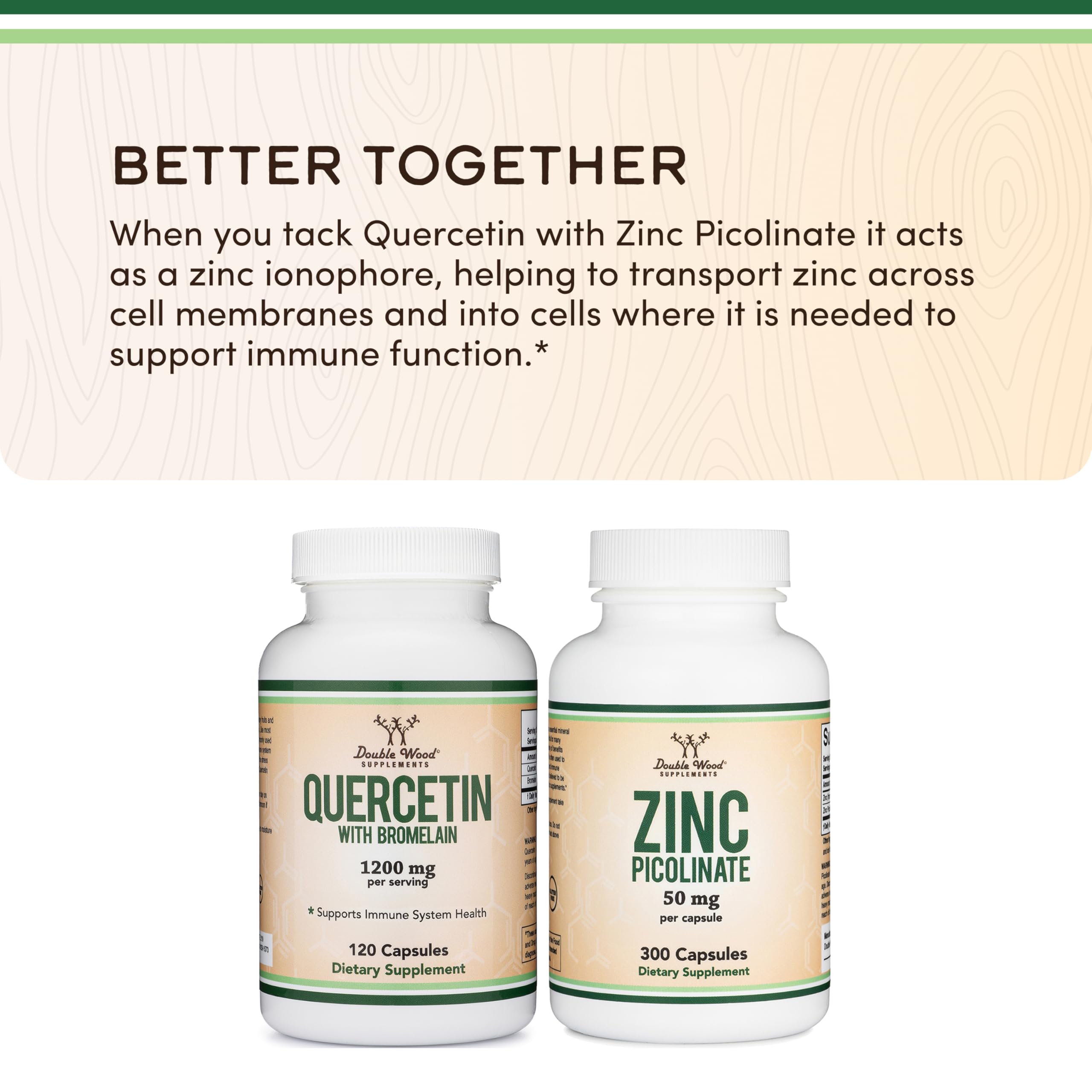 Double Wood Quercetin with Bromelain pack shot emphasizes easy supplementation