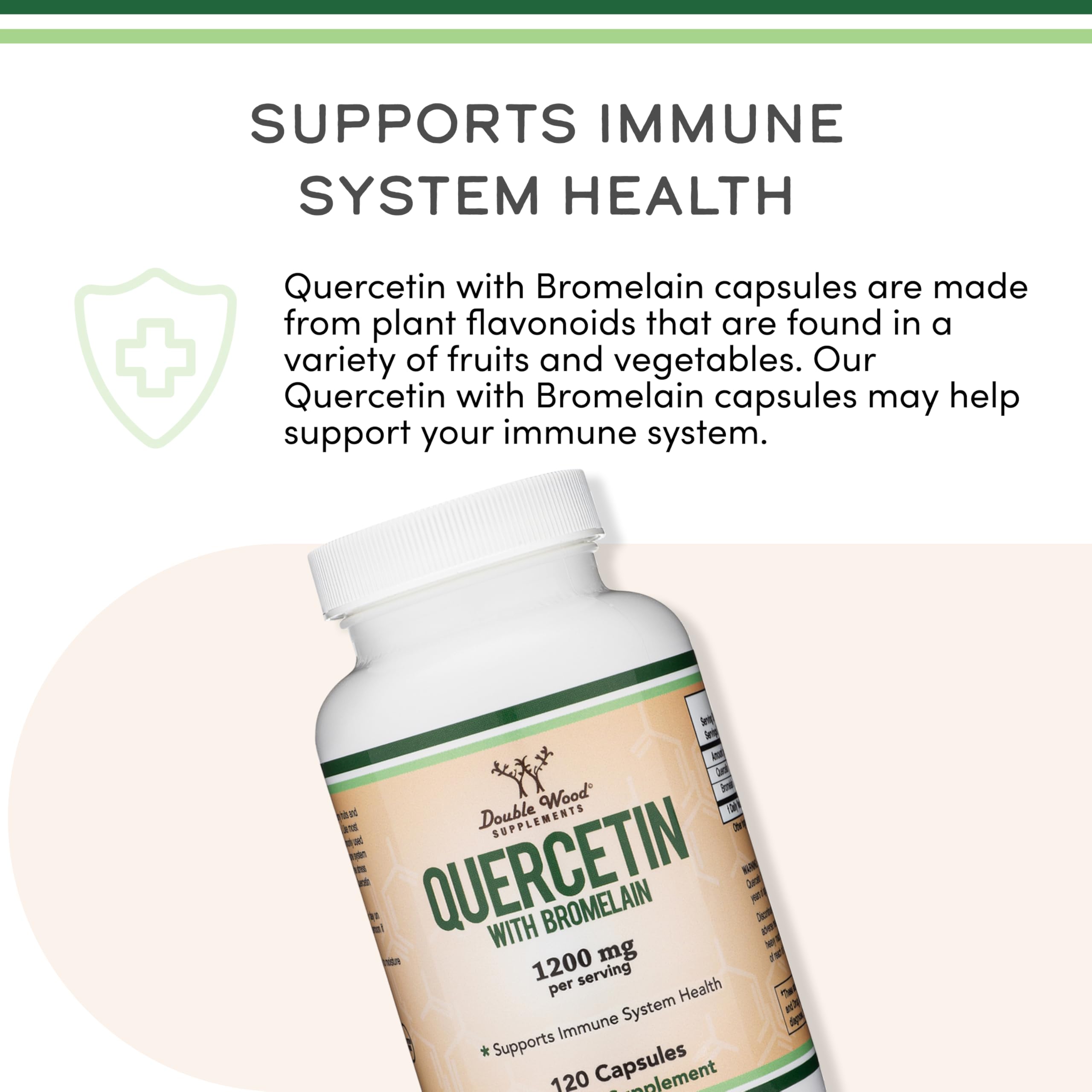 Double Wood Quercetin with Bromelain serving layout demonstrates 60 servings per bottle