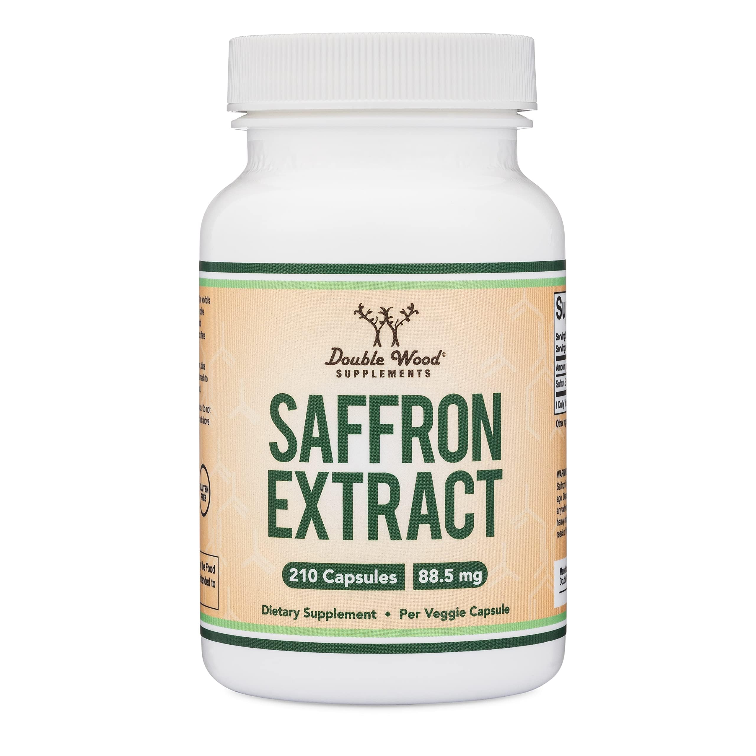 Double Wood saffron non-GMO gluten-free packaging highlights dietary compatibility.