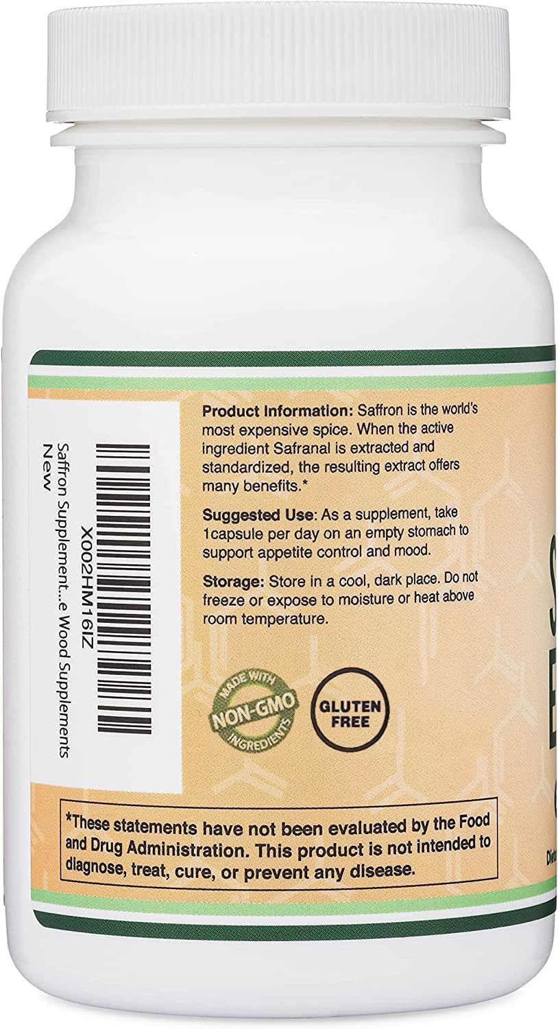 Double Wood saffron USA-made label signals quality and safety.