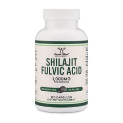 Double Wood Shilajit capsules in bottle conveying pure Himalayan extract for daily wellness.