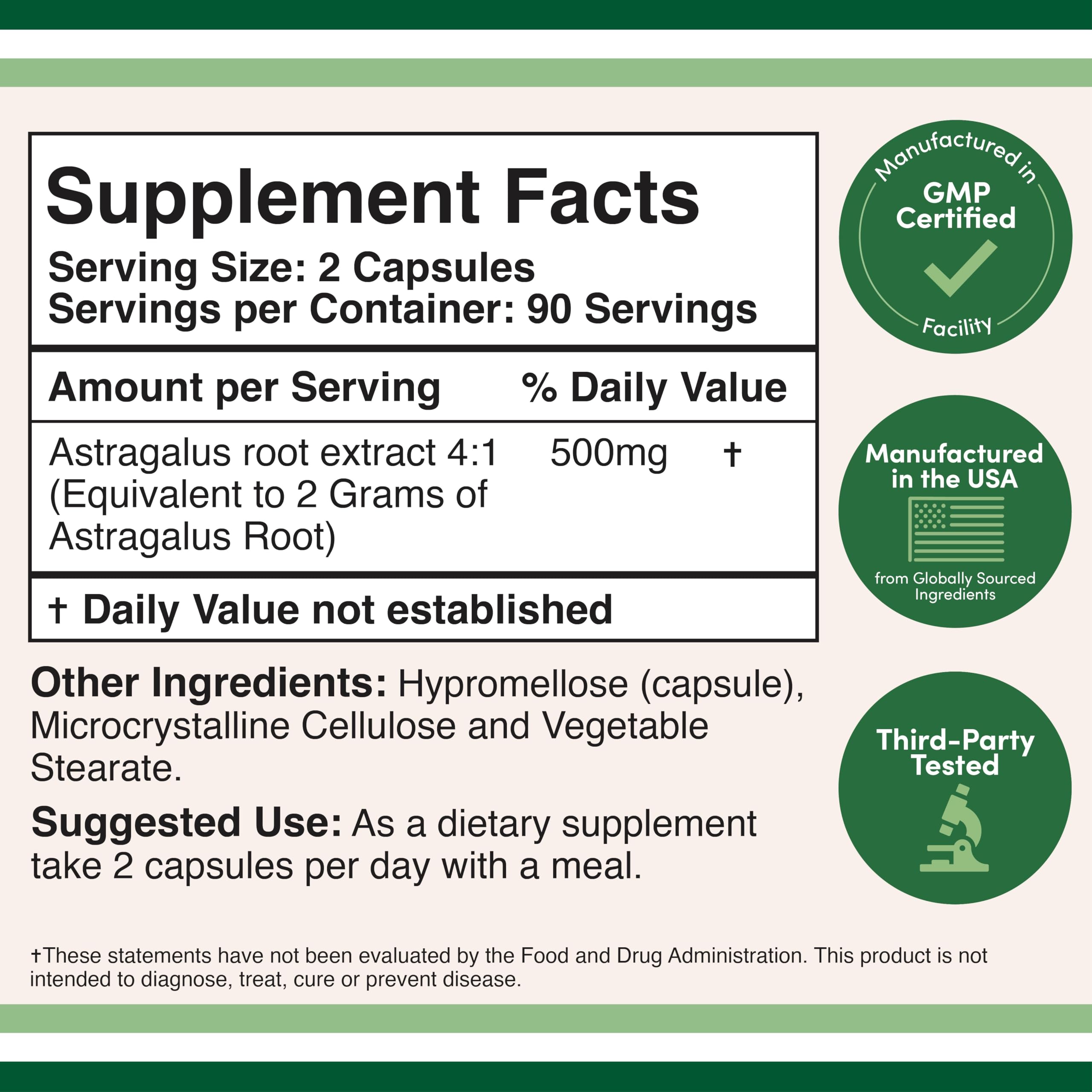 Double Wood Astragalus bottle back label highlighting ingredients and safety