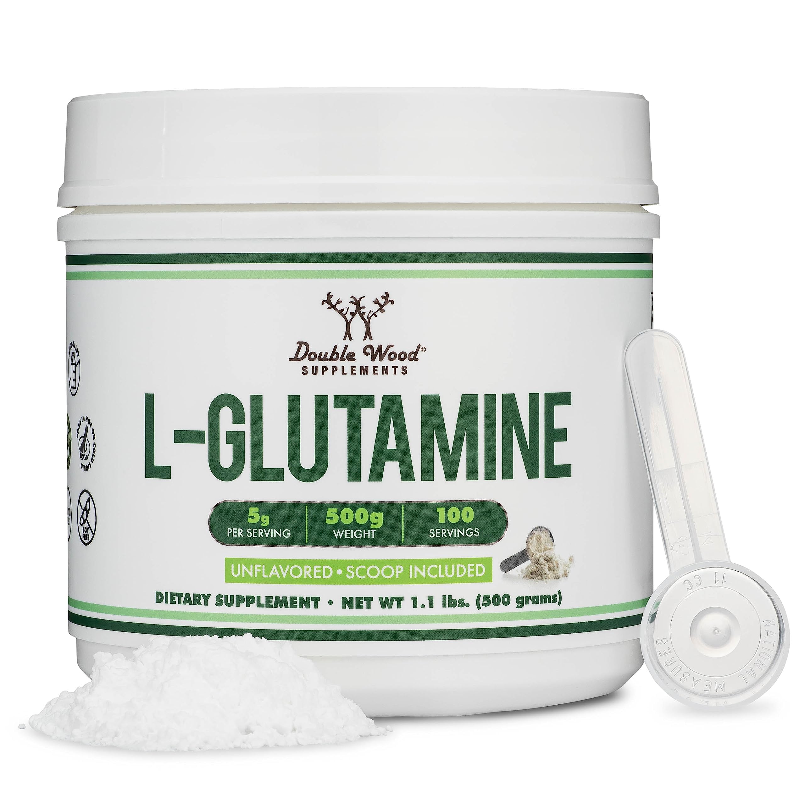 Double Wood L-Glutamine powder bottle for gut health and endurance.