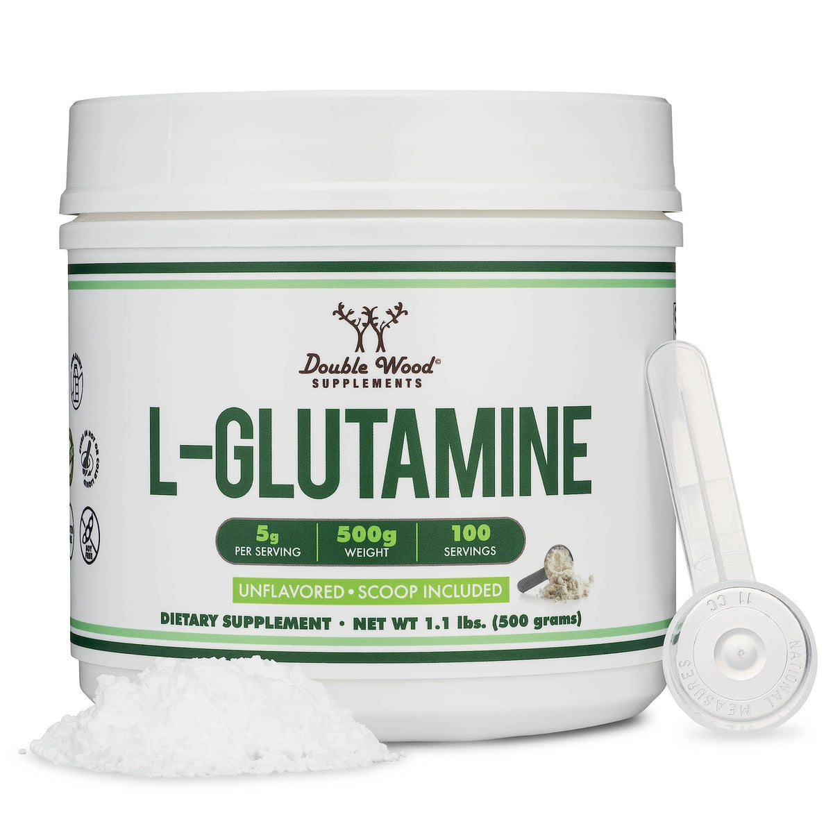 Double Wood L-Glutamine powder bottle for gut health and endurance.