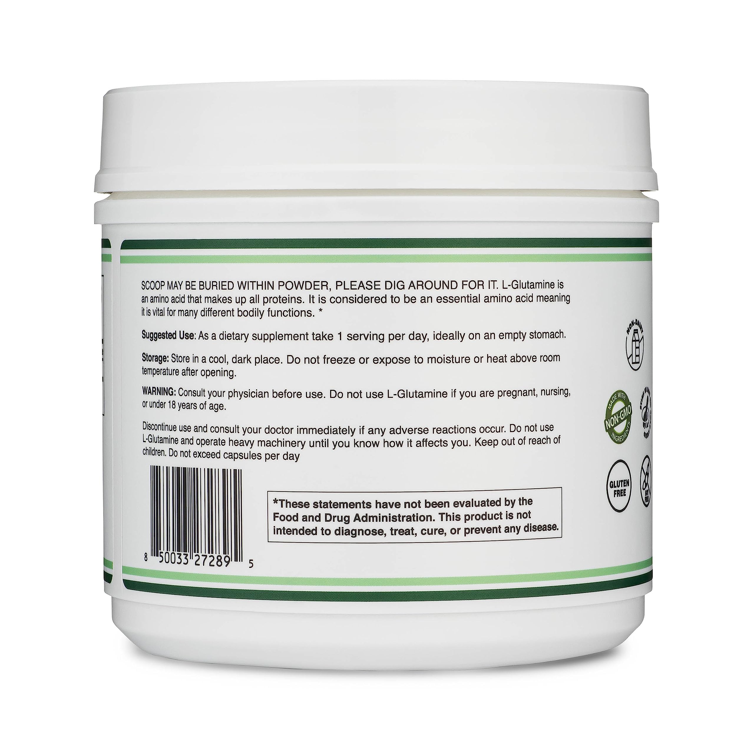 Double Wood L-Glutamine powder ingredient panel shows purity.