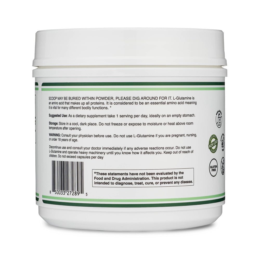 Double Wood L-Glutamine powder ingredient panel shows purity.