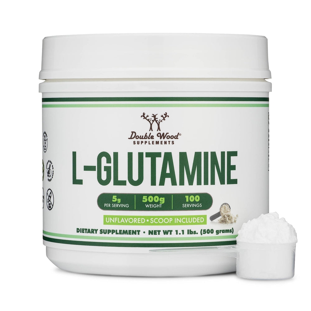 Double Wood L-Glutamine powder with measuring cup for dosing.