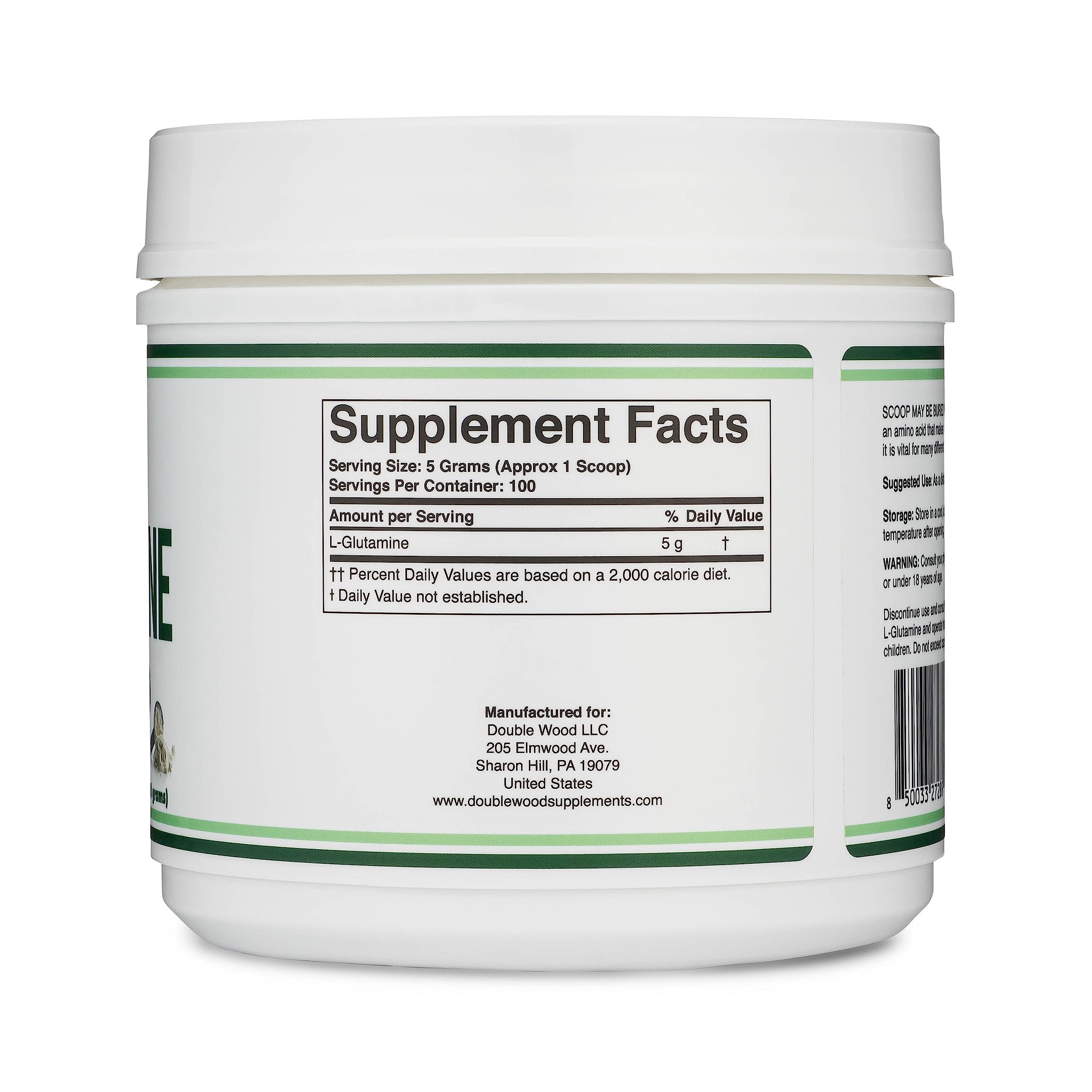Double Wood L-Glutamine powder jar with unflavored formula.