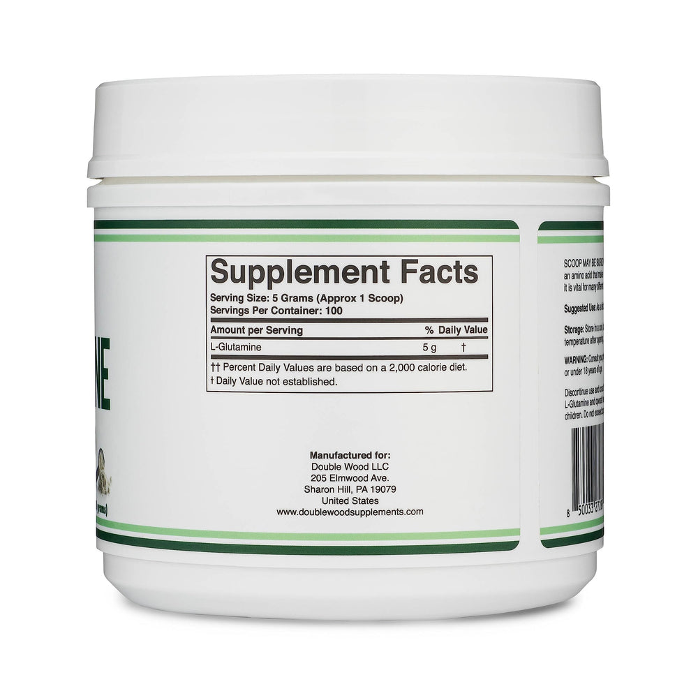 Double Wood L-Glutamine powder jar with unflavored formula.