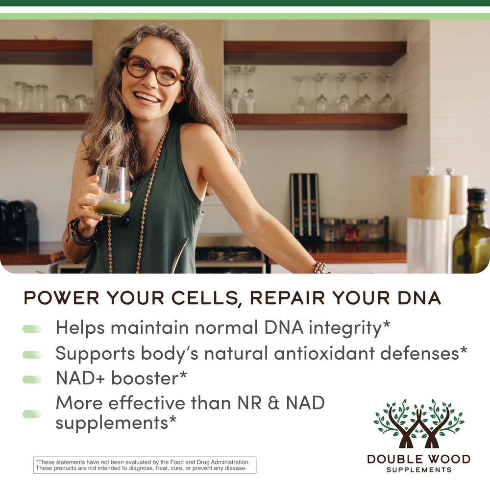 Double Wood NMNH capsules ready-to-swallow suggesting everyday wellness routine