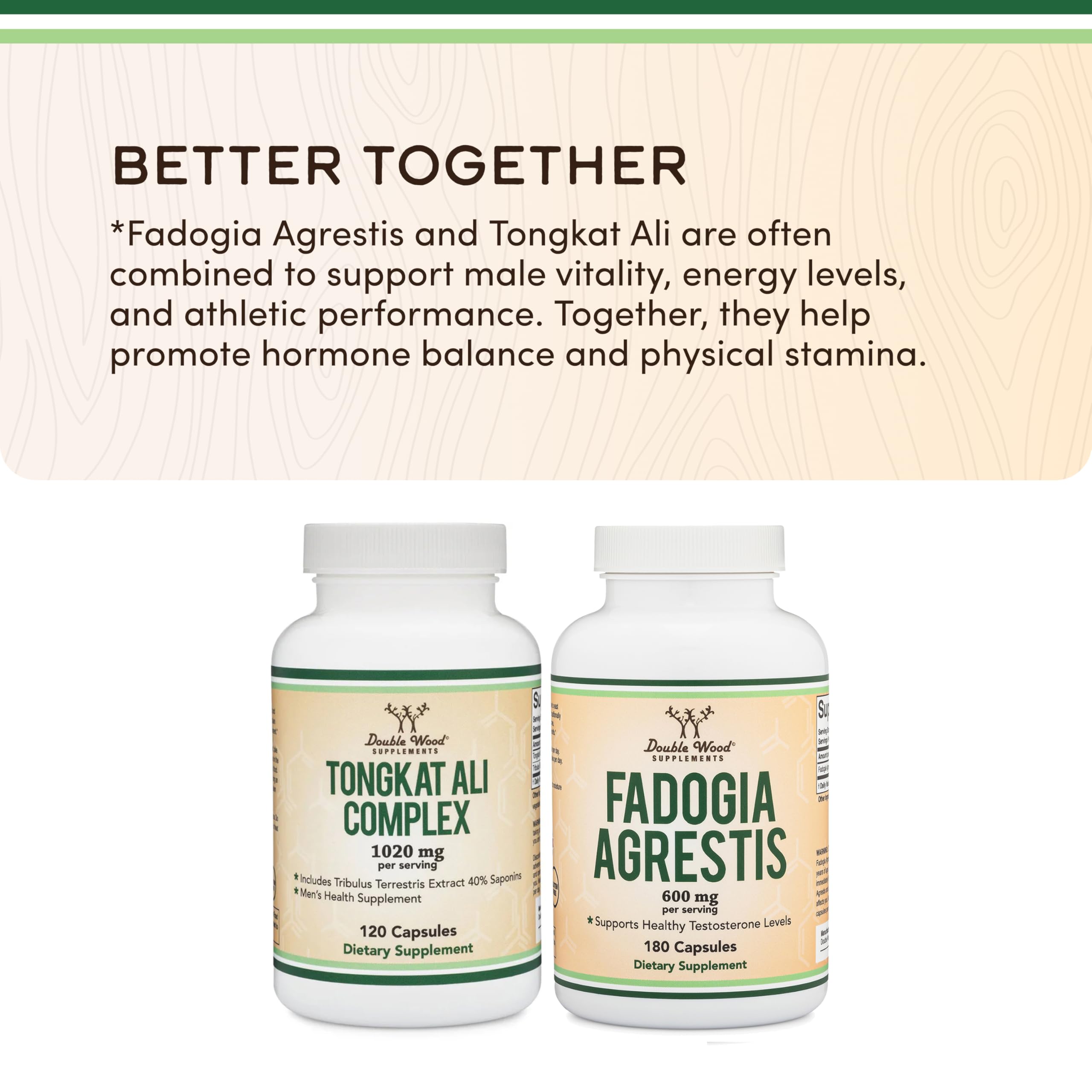 Vegan and gluten free icons accompany Double Wood Fadogia Agrestis packaging