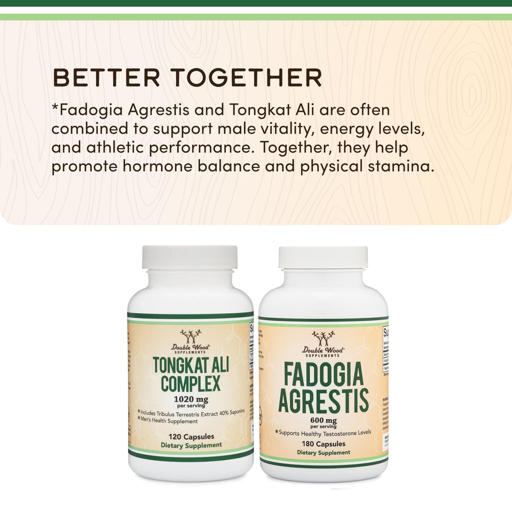 Vegan and gluten free icons accompany Double Wood Fadogia Agrestis packaging