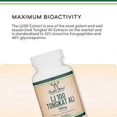Double Wood Tongkat Ali label close-up emphasizing standardized 40% glycosaponins