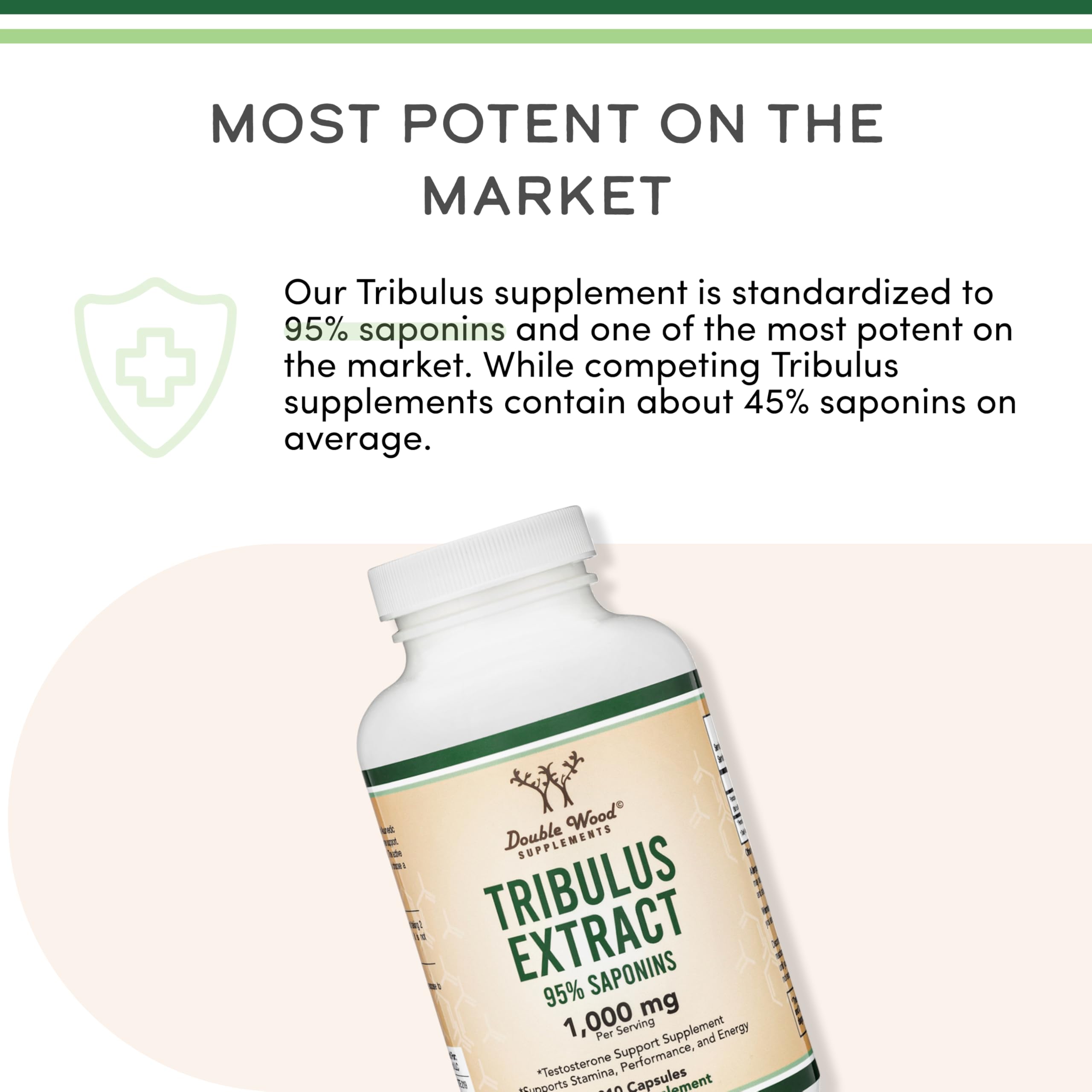 Vegan safe and non-GMO badge appears on the Double Wood Tribulus label