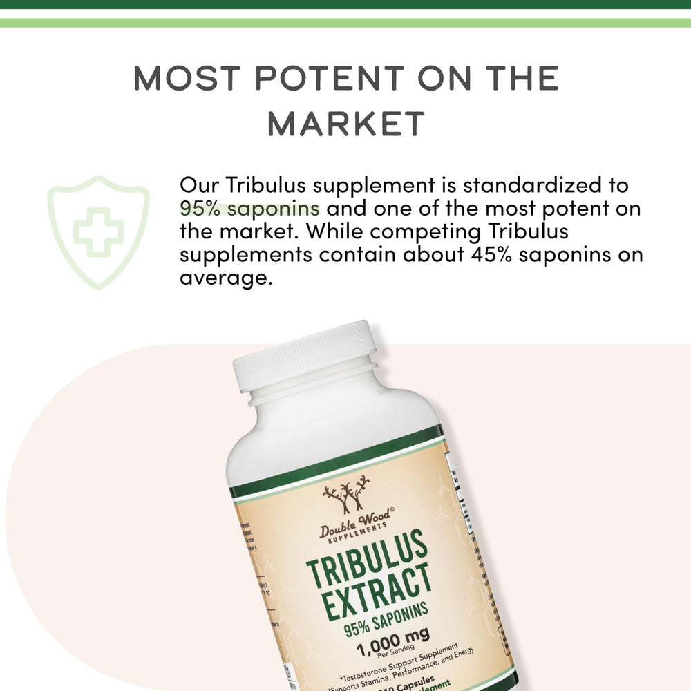 Vegan safe and non-GMO badge appears on the Double Wood Tribulus label