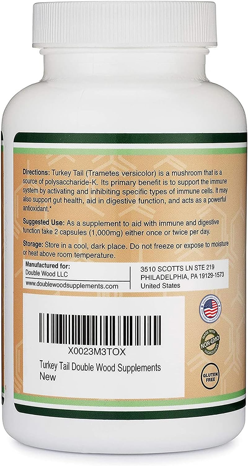 Double Wood Turkey Tail bottle with information card illustrating a two-month supply