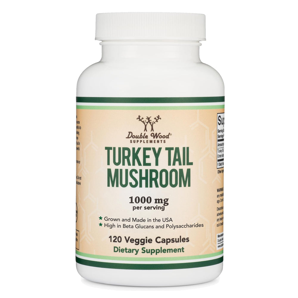 Double Wood Turkey Tail supplement bottle front displaying 120 capsules for immune support