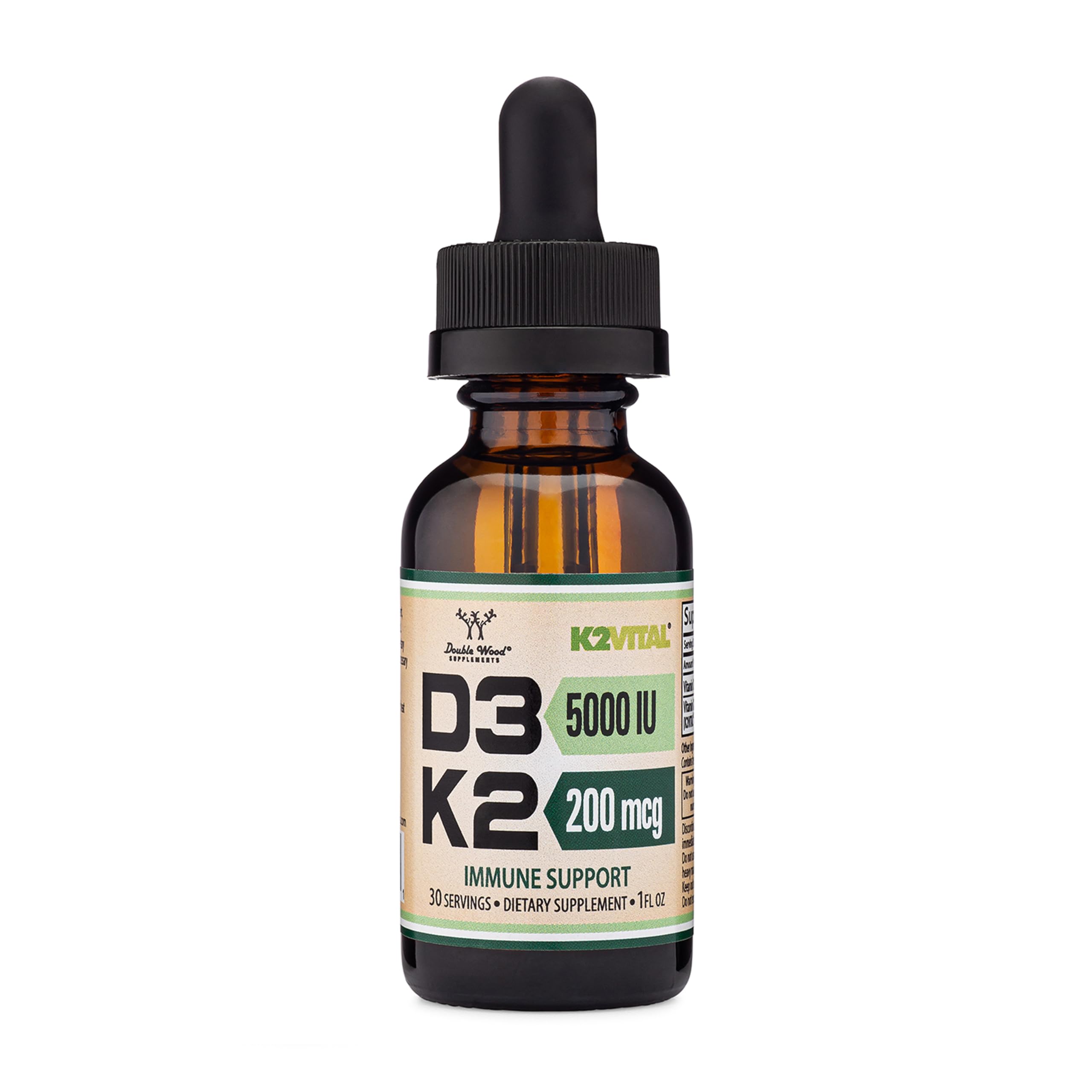 Double Wood Vitamin D3 K2 drops bottle on table highlighting all-trans K2MK-7 for absorption