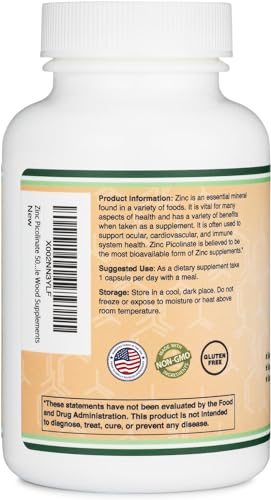 Double Wood Zinc Picolinate bottle on shelf emphasizing non-GMO and gluten-free formula